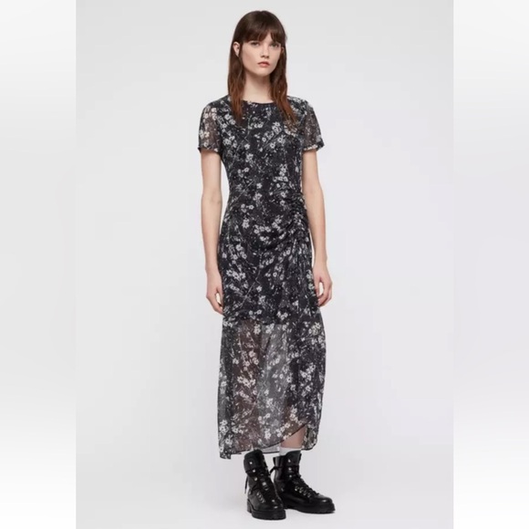 ALLSAINTS Ariya Lisk Floral Print Ruched Drawstring Semi Sheer Maxi Skirt Dress - Picture 1 of 13